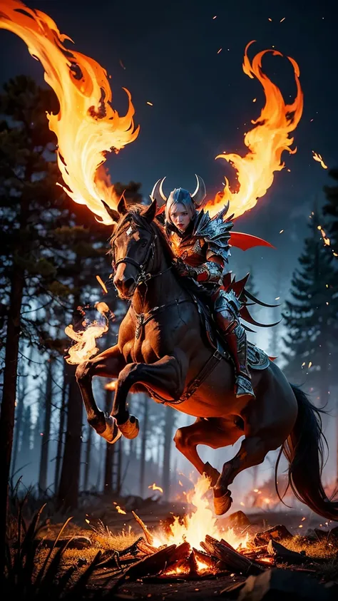 "Depict Batrider (JinZakk) from DOTA game as an Ember Batrider, with ember-infused armor and glowing ember trails, have massive k-cups, soaring above a charred forest with glowing embers and smoke rising from the ground."

