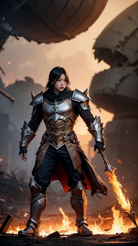 "Show Batrider (JinZakk) from DOTA game in her Cinder form, with cinder-covered armor and smoldering cinders, have massive k-cups, navigating a dark, cinder-filled wasteland with burning wreckage and a dark, smoky sky."

