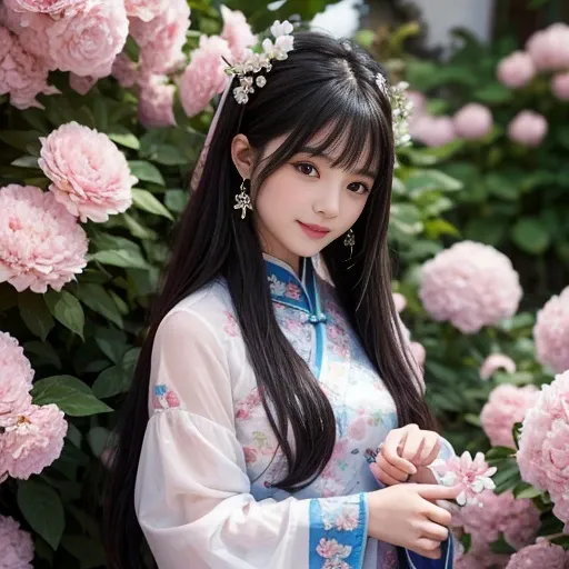 best quality, Delicate face，beautiful visual work, lifelike, eternity, black hair, Long curly hair, blunt bangs, Smile, 在flower园里, flower, Detailed Background, Delicate face，pink blush，cold，((masterpiece))、(top quality)、8k、high detail、Super detailed，21 yea...