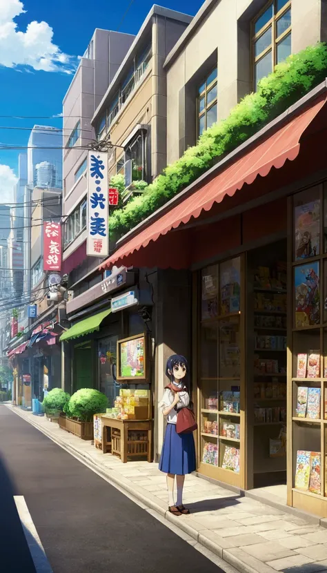 Anime - city street style scene, Woman waiting in front of store, Anime Background Art, Detailed Landscape - Width 672, Anime scenery concept art, Anime-style streetscape, スタジオjibリアニメスタイル, Studio jibリアートスタイル, スタジオjibリプログラム, Anime scenery, Studio jibリアートスタイ...