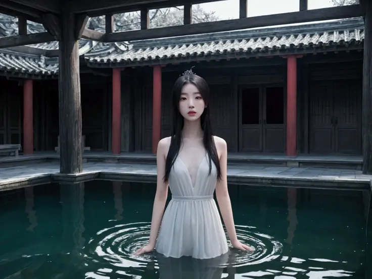 {A haunting and mysterious scene featuring a beautiful Chinese girl standing in a shallow pool of water within an ancient Chinese courtyard. The girl has long, dark hair and a serene yet unsettling expression. The architecture around her is traditional Chi...