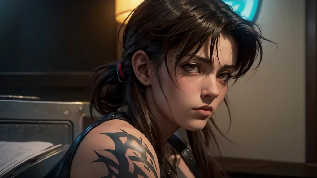 revy from black lagoon, neon lights, the artwork is rendered in an edgy and realistic style, with high attention to detail and s...