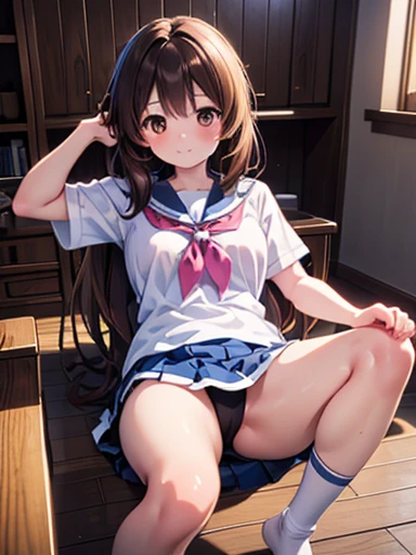 Ultra-detailed, High resolution, (Realistic, Realistic: 1.4), Kumiko、8k, RAW Photos, (Tabletop), (Highest quality), Physically Based Rendering, student,、Sandy Beach, _white_shirt、burnt skin、Brownish color、Kumiko Omae、loose socks,Big Breasts。Long black hair