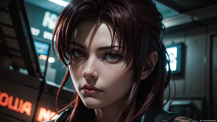 Revy from black lagoon, neon lights, The artwork is rendered in an edgy and realistic style, with high attention to detail and sharp focus. The colors are vivid and contrasted, with a slight desaturation to create a moody atmosphere. shadowy highlights enh...