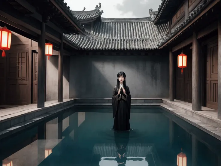 {A captivating and eerie scene of a Chinese girl with long, black hair standing in a pool of water inside an old Chinese courtyard. Her expression is calm yet haunting, and the traditional architecture around her is detailed and aged. The lighting is dim a...