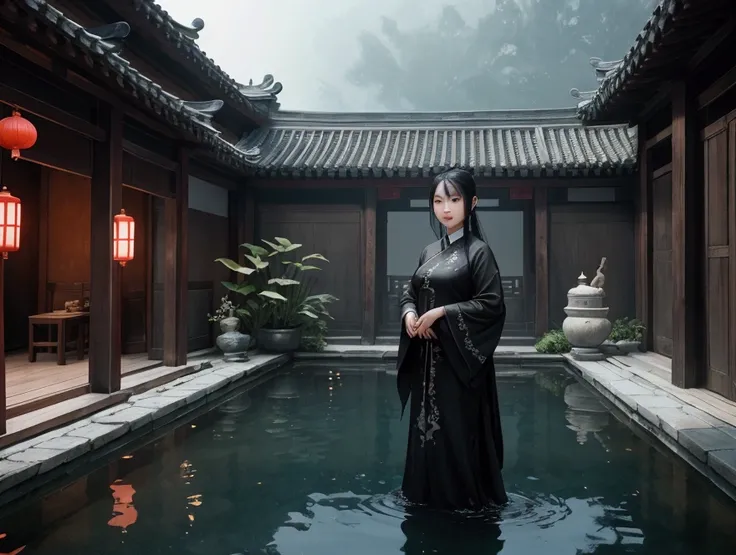 {A captivating and eerie scene of a Chinese girl with long, black hair standing in a pool of water inside an old Chinese courtyard. Her expression is calm yet haunting, and the traditional architecture around her is detailed and aged. The lighting is dim a...