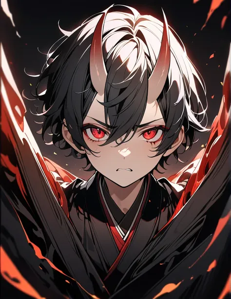 ((BLACK BACKGROUND:1.5)), masterpiece, best quality, ultra detailed, exquisite, beautiful, highres, abyss, ((1 boy)), shota, oni, Angry, looking at viewer, mens short hair, hair covering eyes, black hair, red eyes, japanese clothes, with a scar, with horns...