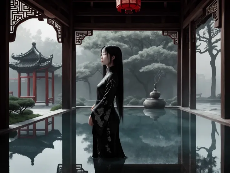 {An atmospheric and enigmatic scene showing a Chinese girl with long, flowing black hair, standing in a reflective pool within an ancient Chinese courtyard. Her face is serene yet ghostly, surrounded by traditional Chinese buildings with intricate designs....