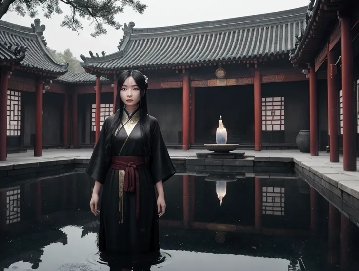 {An atmospheric and enigmatic scene showing a Chinese girl with long, flowing black hair, standing in a reflective pool within an ancient Chinese courtyard. Her face is serene yet ghostly, surrounded by traditional Chinese buildings with intricate designs....