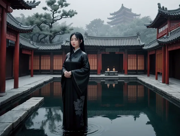 {An atmospheric and enigmatic scene showing a Chinese girl with long, flowing black hair, standing in a reflective pool within an ancient Chinese courtyard. Her face is serene yet ghostly, surrounded by traditional Chinese buildings with intricate designs....