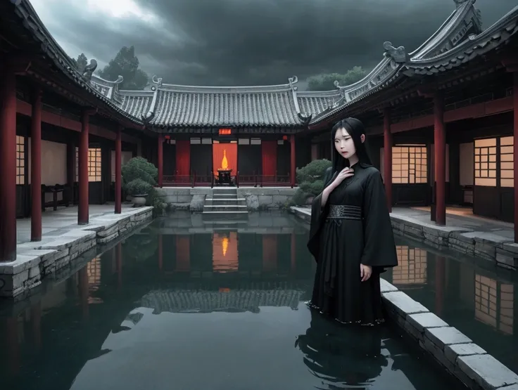 {A dark and mysterious portrait of a Chinese girl with long black hair, standing in a shallow pool of water in an old Chinese courtyard. The traditional architecture around her is detailed and weathered, adding to the eerie atmosphere. Her expression is ca...