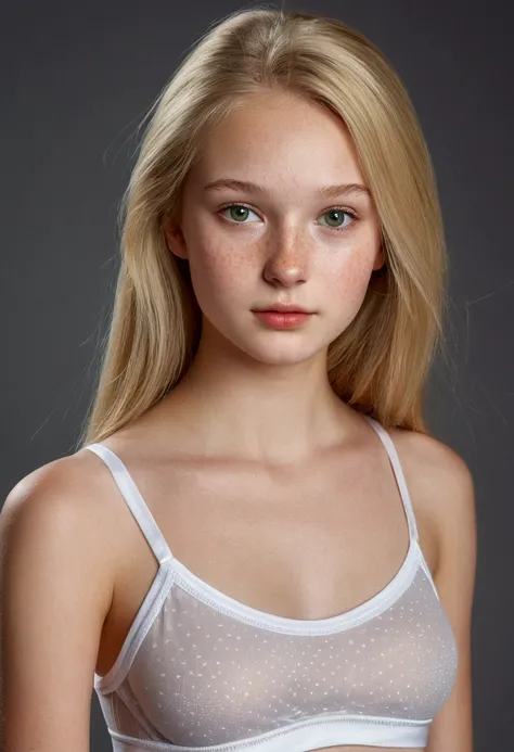 hyperrealistic, 15-year-old girl, Russian, blonde, green-grey eyes, transparente white skin, freckles on the cheeks, small lips, round nose, thin face. realistic, long legs, dressed with training clothes, sexy photo, a tiny bra, bare shoulders, sexy photo,