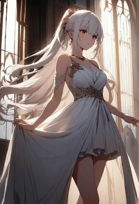 Woman with white hair, gown and short skirt, red eyes