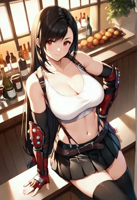 (score_9, score_8_up, score_7_up), BREAK  (masterpeace),(best quality),(aesthetic,very aesthetic),(highly detailed),nsfw.1girl, tifa lockhart, final fantasy,(beautiful). black hair, low-tied long hair, red eyes, bangs, white tank top,gap, belt, pleated ski...