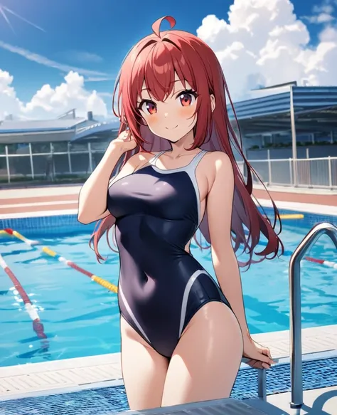 1girl, swimsuit, competition school swimsuit,solo, red eyes, smile, long hair, red hair, breasts, looking at viewer, ahoge,covered navel, , pool, medium breasts, day, ribbon, cowboy shot, outdoors, sky, cloud