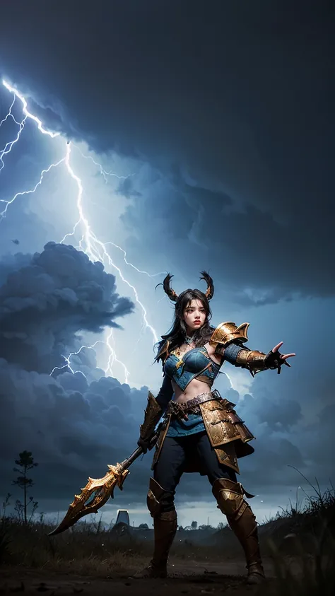 "Show Bristleback (Rigwarl) from DOTA game in her Thunder attire, with electrified quills and armor that crackles with lightning, have massive k-cups, in the midst of a thunderstorm with dark clouds and flashing lightning."

