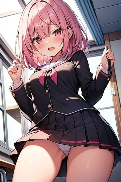 One girl,Shortcuts, Bangs between the eyes, Pink Hair,Small breasts,Blushing, Red eyes, Open your mouth a little, Contemptuous eyes, Glare, Double teeth, School classroom,In uniform,mini skirt,underwear