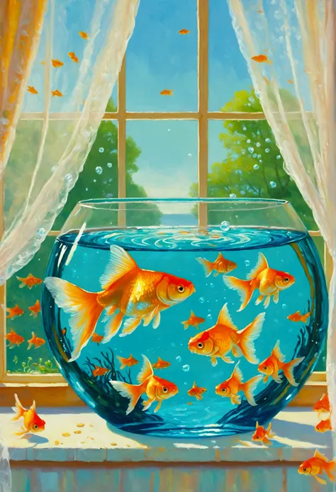 there are many goldfish swimming in a bowl in front of a window, Alexander Kucharsky (Alexander Kucharsky) A realistic painting of, cg Club Competition Winners, Wonderful realism, floating goldfish, Fish floating in bedroom, goldfish, Fish, Fish swimming, ...