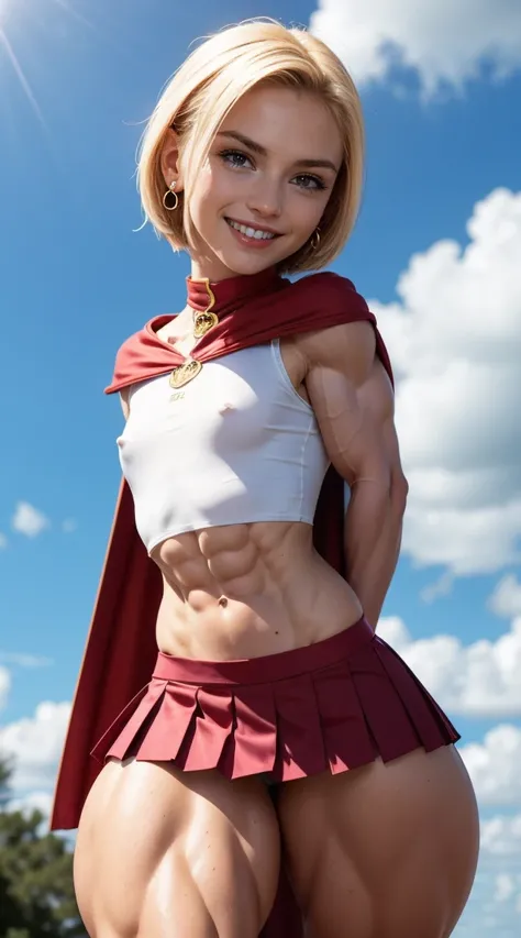 (Muscular:2), (thick thighs:1.9),
(blonde female:1.3), supergirl, (big smile:1.4), (android 18 haircut),
earrings, lipstick, eyeshadow,
(hard nipples:1.2),
(small red cape:1.3), (pleated skirt:1.6), (tanktop, midriff:1.2), choker,
(looking at viewer:1.6), ...