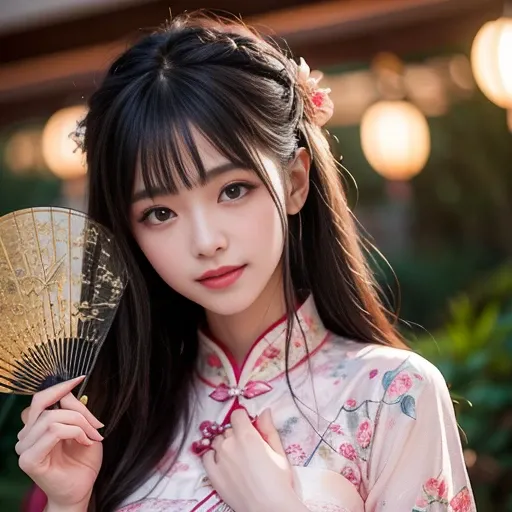 best quality, Delicate face，beautiful visual work, lifelike, eternity, black hair, Long curly hair, blunt bangs, Smile, 在flower园里, flower, Detailed Background, Delicate face，pink blush，cold，((masterpiece))、(top quality)、8k、high detail、Super detailed，21 yea...