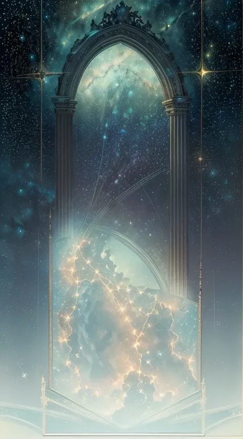 ((Highest quality，masterpiece，Extremely sophisticated details，Starry sky scene map，Dark elegant delicate art arch frame，Shocking atmosphere))