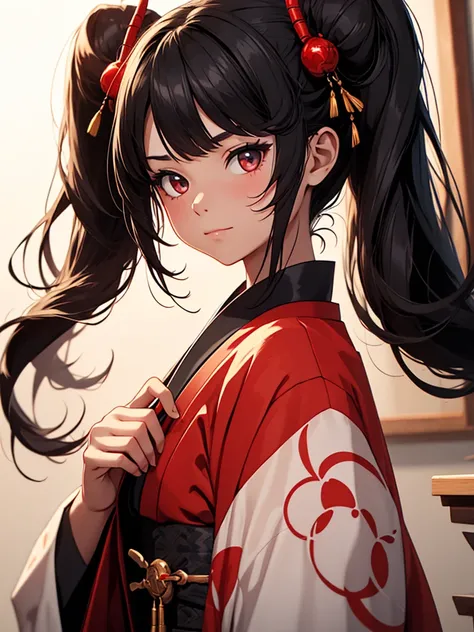 Girl with black hair and fair skin and long red horns wearing a kimono and holding a red plate