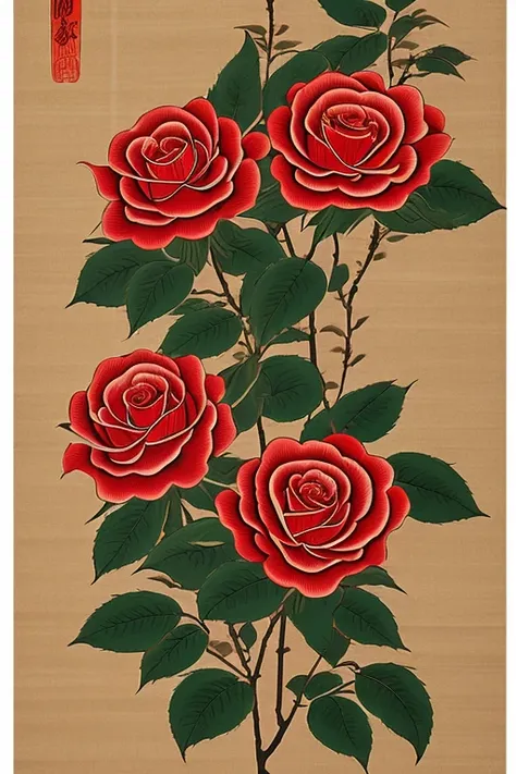 Japanese-style painting, Ukiyo-e style, art, super high quality, Buds, flowering、Single red rose、