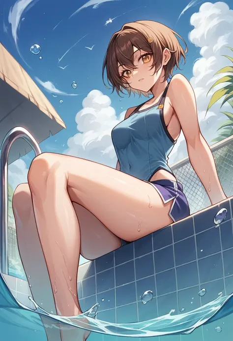 A girl sitting on the edge of the pool, Popular on pixiv, brown hair and a perfect body, View from the side and below!, Super detailed photos, featured on amiami, Inspired by Krenz Kuszat, She is Korean, Big shoulders, thick, Highly detailed and colorful, ...