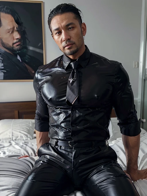 36 years old,daddy,"shiny suit",wear a white long-sleeved shirt and tie.., bodice, very glossy pants, necktie, shiny satin trousers,dark gray satin fabric ,lying provocatively on the bed,  k hd,in the office,"big muscle" ,black hair,asia face,masculine,str...