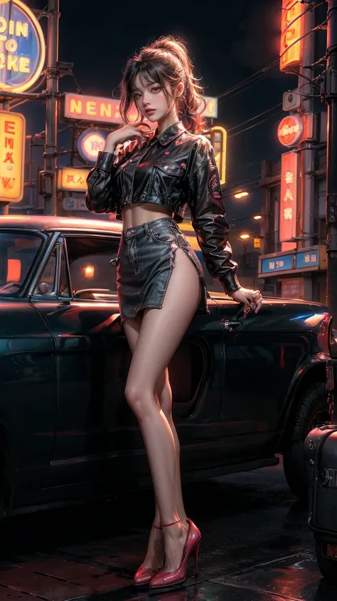 ((masterpiece, best quality, Highest image quality, high resolution, Reality, RAW photos, 8K)), Arav view from the motel，There was a car parked in front, with Neon lights, A woman waits for guests in front of a motel, , Exposed short skirt with high heels,...