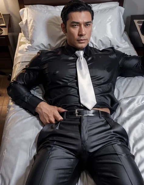 36 years old,daddy,"shiny suit",wear a white sleeved shirt and tie.., bodice, very glossy pants, necktie, shiny satin trousers,dark gray satin fabric ,lying provocatively on the bed,  k hd,in the office,"big muscle" ,black hair,asia face,masculine,strong m...