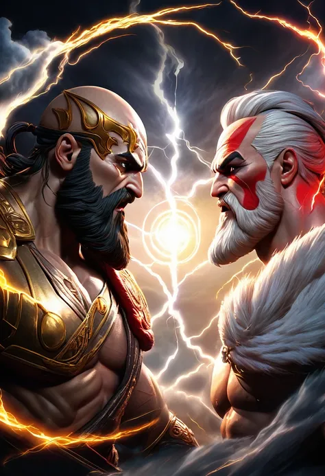 Two man, Wide angle, centered, Zeus, Kratos, facing off, intense, dark, powerful, dramatic, glowing, storm, energy, battle, determination, warrior, divine, force, tension, showdown, (fantasy creature) hunchback, glasses,  best quality, ultra high resolutio...