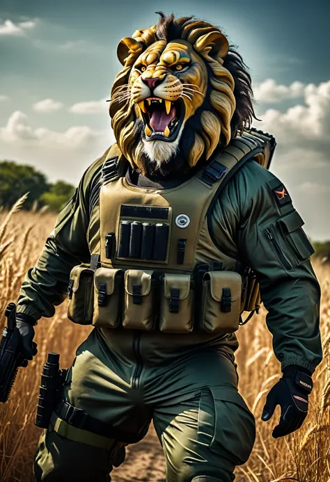 (a dark-skinned bearded fat muscular old man in a bulky army camouflage zipper diver suit) carrying a gun, (wearing realistic roaring lion mask), dynamic action pose, fierce expression, showcasing an imposing stature, surrounded by military elements, drama...