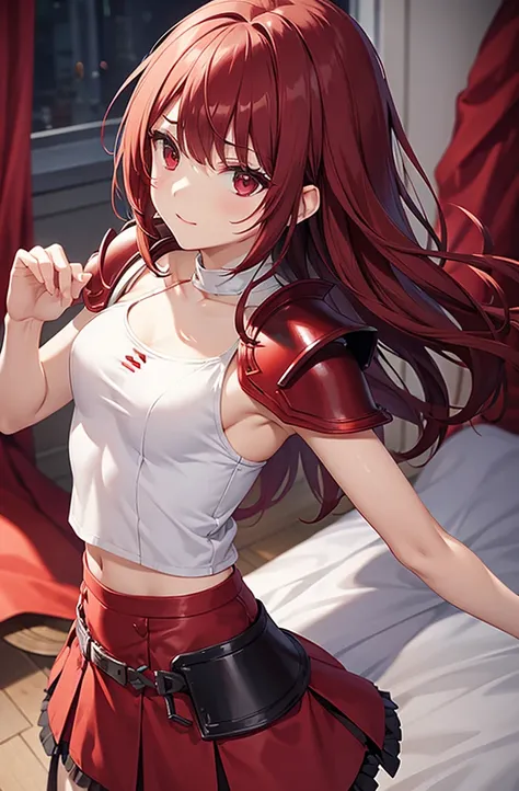 White tank top,
Dark red armored leather skirt、Armored Nightdress Dark Red Armwear