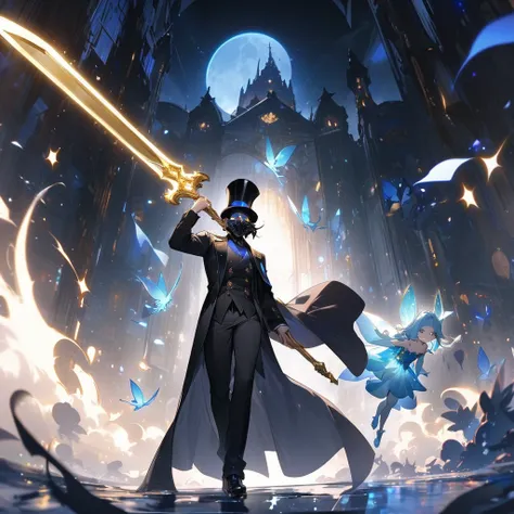 Holding a golden sword to the sky, black long coat, black mask, glowing eyes, top hat, blue full moon, blue fairy, sparkling aura, black short hair, man, high resolution, masterpiece, Highest quality, 