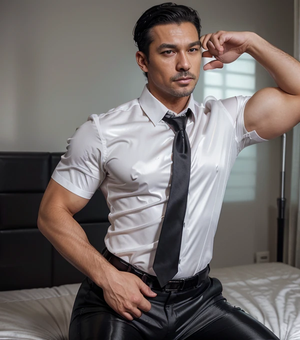 30 years old,daddy,"shiny suit",wear a white sleeved shirt and tie.., bodice, very glossy pants, necktie, shiny satin trousers,dark gray satin fabric ,lying provocatively on the bed,  k hd,in the office,"big muscle" ,black hair,asia face,masculine,strong m...