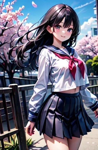 very cute and beautiful girl,(Very detailed美しい顔),
Sailor ,Long sleeve,(Navy blue pleated mini skirt),
(smile),Happy,View your viewers,Black Hair,School entrance with stone gate,Cherry Blossom,
(Highest quality,masterpiece:1.2),Absurd,High resolution,Very d...