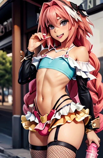 astolfo, Beautiful and slim perfect body, rasgos muy females, cuerpo female sexy muy delgado, flat chest, Pectorals, not breasts, very innocent smile, Girl, bright pink hair, spiky hair, short hair, a long braid, lock of white hair on left side, almost non...