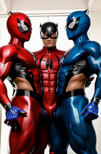 solo big bulge Spiderman power Ranger Duo Male Latex Helmet schoking eyes focus close up chest muscular blue power ranger. bulging hunk muscles in costume veiny bicep huge. buff chest spiderman muscular like packed hulk become bigger than partner by merge ...