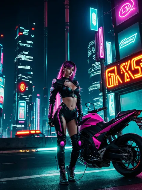 cyberpunk style city,lit with neons,a beautiful cyberpunk girl,of futuristic cyberpunk motorbike