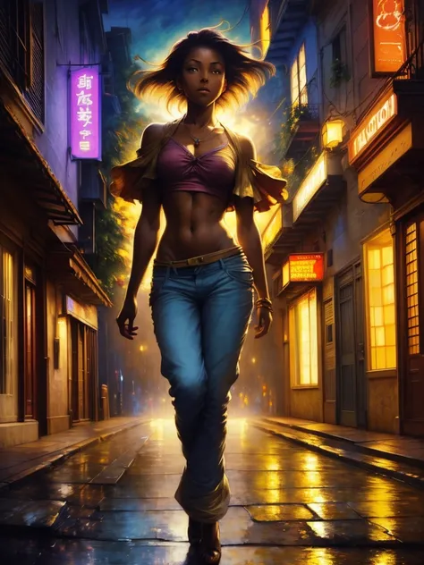 ((Solo full body Beautiful Caribbean woman with dark skin and striking eyes)),  shadowed interior background, art by akihiko yoshida, manga art style, colorfield illustration, Scary atmosphere, global illumination, by frank frazetta, art by goro fujita, gl...