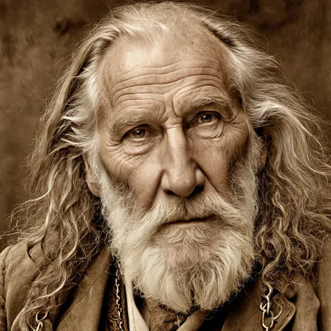 A sepia tone real photograph of an old man in his eighties with long tangled hair and beard, 1860’s, realistic, hyperrealistic, very realistic, very very realistic, highly detailed, very detailed, extremely detailed, detailed, digital art, headshot and bod...