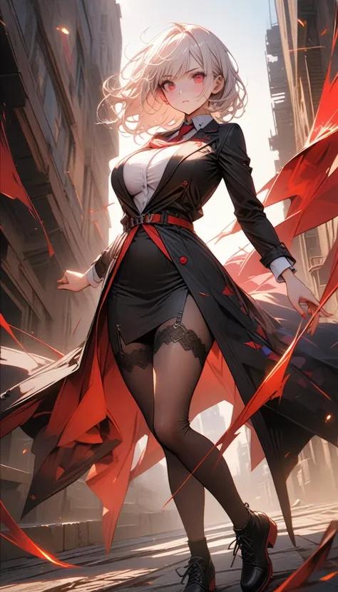 1women,(White hair),(White eyelashes),(Red eyes),( wears a white shirt),(Black jacket),(Big breasts),(Red tie),(Black tight skirt),(Sexy womens stockings),(Expressionless face),(full body-show),(Fighting pose),(masterpiece:1.5), (8k details:1.3), (unlimite...