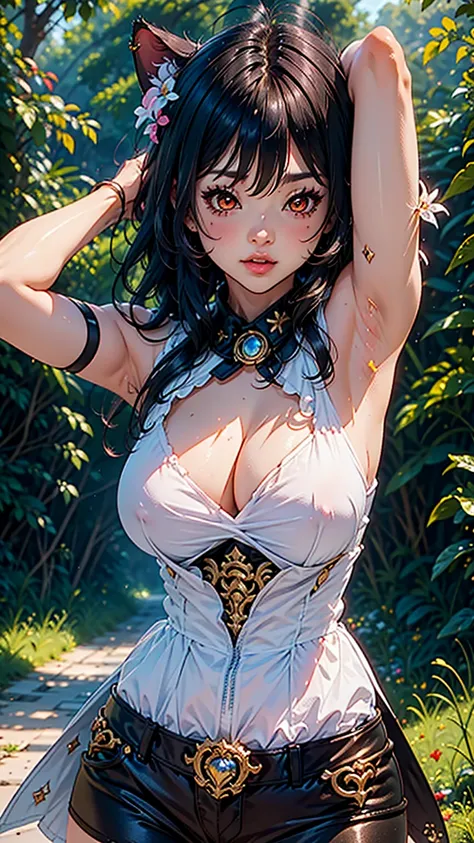 junkotvv, (cabello negro, orejas de gato, ojos rojos), Masterpiece, high quality, blurry background, hd, 4k,dark forest,luminedef, (huge breasts), outdoors, standing, blush, looking at viewer, upper body, (dynamic poses, dynamic angle), (armpits poses)