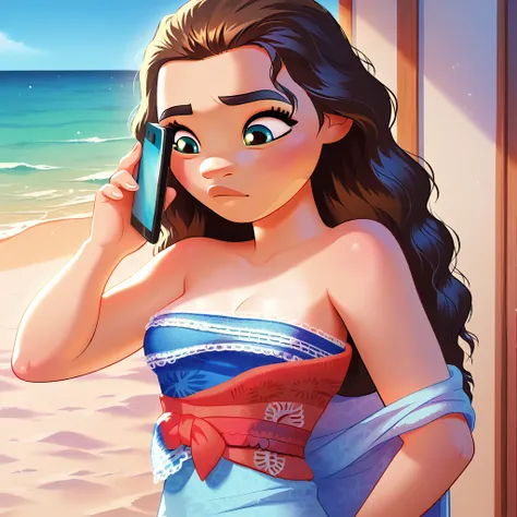 score_9_presence, score_8_up, moana, wrapped in towel, medium breasts, holding phone