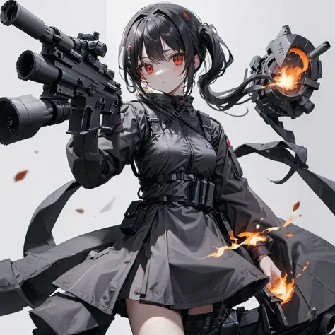 Perfect Anatomy、(Tabletop:1.2, Highest quality),  [1 girl, Expressionless, oversized red coat, Black Hair, Low Ponytail, Red eyes, Body Harness,Black military uniform, Black Skirt, Take off your jacket, ] (Gray white background:1.5),  (holding a Weapon, ho...