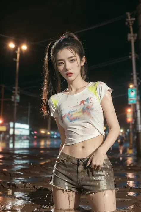 (((best quality))),(((ultra detailed))),(((masterpiece))),illustration,((1 beautiful girl,solo)),(short ponytail:1.2),(((sweat,wet))),((slim,thin)),((small breasts,flat chest)),(torn brown short-sleeved shirt:1.3),(torn brown sports shorts:1.3),(standing:1...