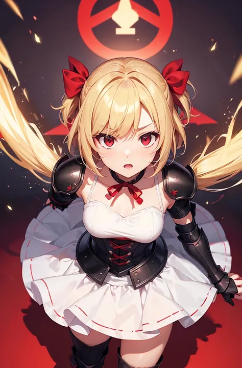 Idol-like animated characters
High quality face,
Firm eyes.
Strong gaze, confident expression.
Blonde twin-tail short hair, hair bouncing upwards, red ribbon.
Small breasts,.
Cosplay, as if going into battle
White tank top type, like combat uniform
White t...