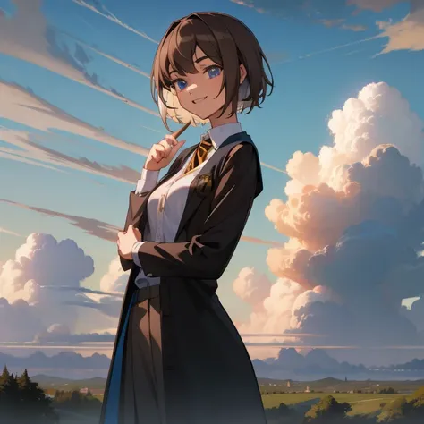 Masterpiece, best quality, high quality, 1Female girl, Solo, 21 yeaars old, has Blue eyes, has Dark Brown Short hair, wears a Griffendale Student Uniform, Slim body, Anatomically correct, 4k, detailed, (detailed eyes), anime style art, standing, in the Hog...