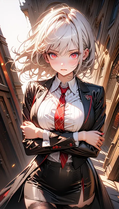 1women,(White hair),(White eyelashes),(Red eyes),( wears a white shirt),(Black jacket),(Big breasts),(Red tie),(Black tight skirt),(Sexy womens stockings),(Expressionless face),(full body-show),(cross arms),(masterpiece:1.5), (8k details:1.3), (unlimited d...